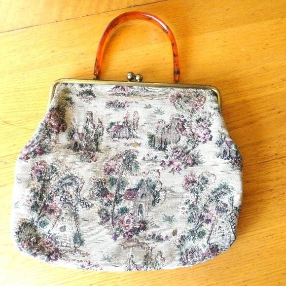 Vintage Tapestry Purse Lucite Handle - Picture 5 of 7